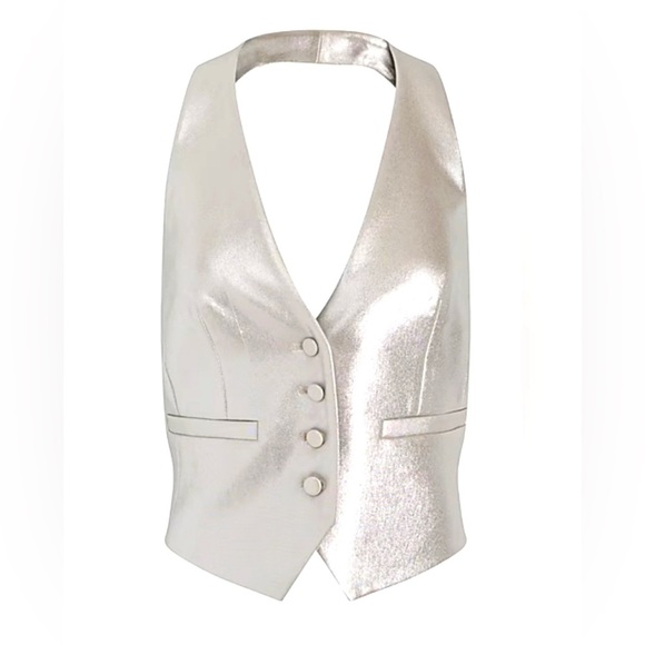 *NWT* Express Metallic Muted Gold Button Front Halter Vest, Size Large - Picture 5 of 12